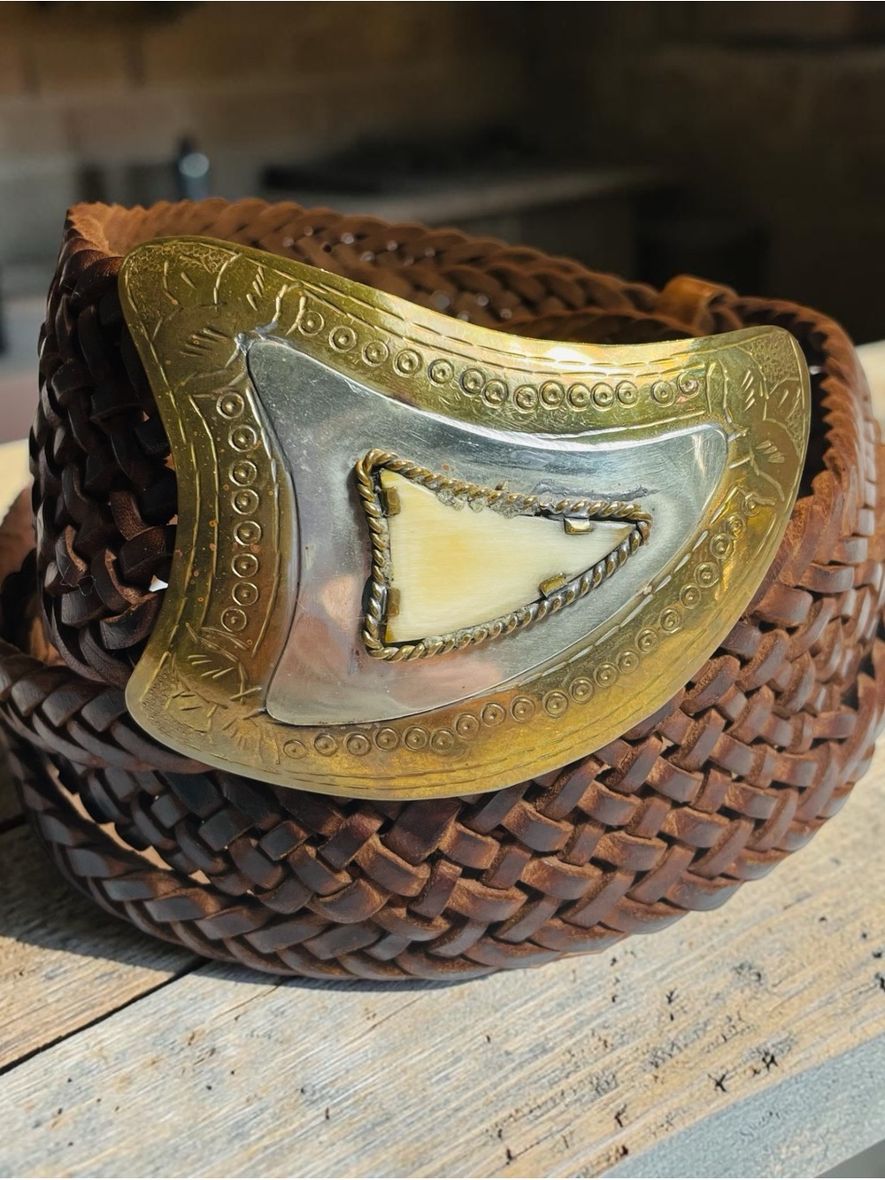 Vintage Chico's Brown Moroccan Braided Leather Belt Gold & Silver Tone Buckle ML